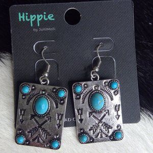 Arrows Design Faux Turquoise Western Cowboy / Cowgirl Dangling Earrings